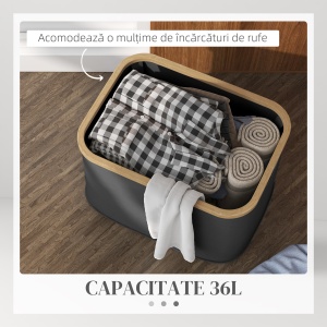 Coș Pliabil pentru Rufe de 36L cu Mânere, Coș pentru Rufe din Bambus și Poliester, 44,3x33,3x26,5 cm, Negru - Img 4