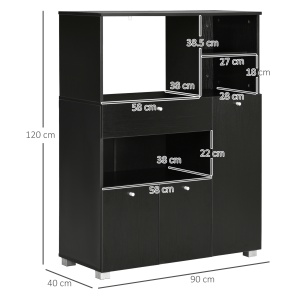 Credență de Bucătărie din Lemn pentru Cuptor cu Microunde cu Dulapuri, Rafturi și Sertar, 90x40x120 cm, Negru - Img 3