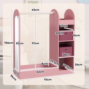 Cuier Copii – Cu Rafturi, Cuti & Oglinda, 92×36×106 cm Roz - Img 3