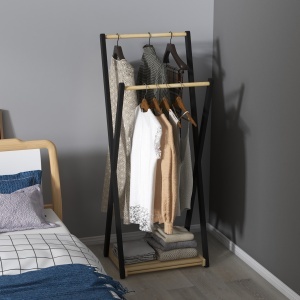 Cuier de Podea din Lemn cu 2 Bare, Suport pentru Haine Autoportant Modern cu Raft Inferior, 61x45x152 cm, Natural - Img 6