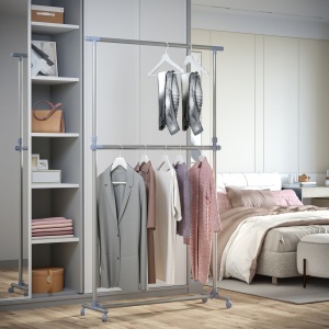 Cuier pentru haine cu inaltime si extensie reglabile, 165 x 48 x 180 cm, Inox / ABS, Argintiu / Gri - Img 2