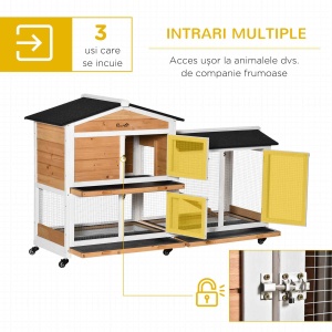 Cușcă de Exterior cu 2 Nivele, 6 Roți, Tavă Detașabilă, Rampă și Plasă Metalică, 157,4x53x99,5 cm, Galben - Img 8