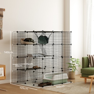 Cușcă Modulară pentru Pisici cu 4 Niveluri, cu Platforme, Rampe și 5 Uși, din Oțel și PP, 105x105x140 cm, Negru - Img 3