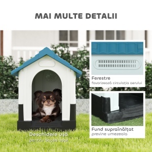 Cușcă pentru Câini de Exterior din Plastic, Căsuță pentru Câini Mici cu Ferestre, Acoperiș Înclinat și Bază Ridicată, 64,5 x 57 x 66 cm, Albastru - Img 7