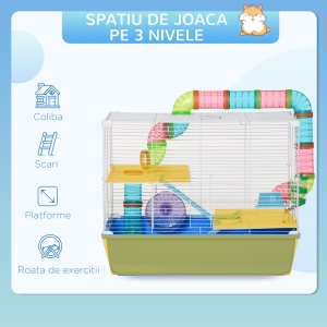 Cușcă pentru Hamsteri cu 3 Nivele, Tub, Roată de Alergat, Sticlă de Apă și Bol de Mancare, 59x36x47 cm, Albastru - Img 4