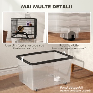 Cușcă pentru Hamsteri cu 3 Niveluri, Bază Adâncă, Roți Rampe, Bol și Sticlă, 58x43x74 cm, Negru - Img 7