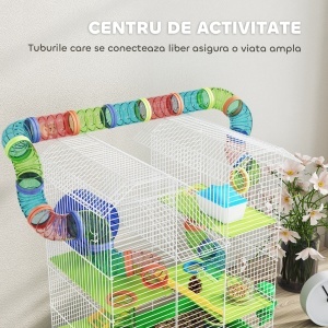 Cușcă pentru Hamsteri cu 5 Niveluri, Tuburi Colorate, Roată, Căsuță și Accesorii, 47x30x59 cm, Verde - Img 7