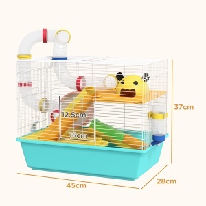 Cușcă pentru Hamsteri cu Roată, Căsuță, Bol, Rampe și Recipient Apă, Cușcă pentru Gerbili din Oțel, PS și PP, 45x28x37 cm, Alb și Albastru - Img 3