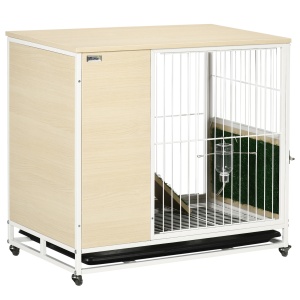 Cusca pentru iepuri mobilier cu roti, Cusca pentru iepurasi masa laterala cu tavita detasabila, acces prin partea superioara, 78 x 52.5 x 76.5 cm, stejar - Img 1
