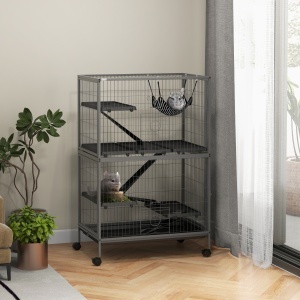 Cușcă pentru Rozătoare cu 4 Intrări la Nivele Multiple cu Hamac, din Metal și PP, 80x52x128 cm, Argintiu și Gri - Img 2