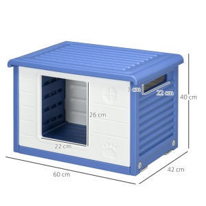 Cușcă Ridicată pentru Câini de Talie Mică cu Intrare și 2 Deschideri Laterale, Cușcă de Exterior Antiderapantă din Polietilenă, Ușor de Curățat, 60x42x40 cm, Albastru și Alb - Img 3