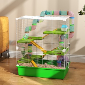 Cuștă pentru Hamsteri cu 5 Nivele, Tuburi, Căsuță, Rezervor de Apă și Roată, 59x36x69 cm, Verde - Img 2