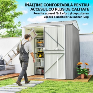 Depozit de Grădină Înalt de 3.51m² din Oțel Galvanizat cu Guri de Ventilație, Căsuță de Grădină cu Ușă Blocabilă, Acoperiș Înclinat, Mănuși, Depozit pentru Unelte, 209x177x236 cm, Argintiu Gri - Img 4