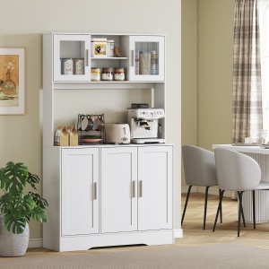 Dulap Bucătărie de 180cm, Dulap Înalt cu 4 Compartimente, Uși din Sticlă Securizată, 2 Rafturi Deschise, Rafturi Reglabile, Blat pentru Electrocasnice, pentru Bucătărie sau Living, Alb - Img 8