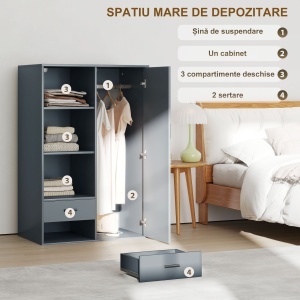 Dulap cu 2 Sertare, Rafturi Deschise și Bară Umerașe, Gri - Img 4