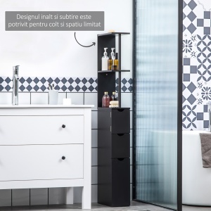 Dulap cu coloana din lemn ce economie de spatiu, dulap de baie cu rafturi, dulap si sertare, negru, 15x33x136cm - Img 5