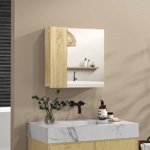 Dulap cu oglinda pentru baie cu montaj pe perete, dulap pentru baie cu oglinda, usi duble si rafturi de depozitare, natural - Img 6