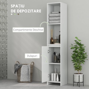 Dulap de Baie cu Dulăpior și 2 Compartimente Deschise, Mobilier Baie cu Spațiu de Depozitare, 30x30x160 cm, Alb - Img 4