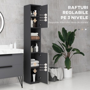 Dulap de Baie Înalț 183 cm, Dulap Îngust cu Rafturi Deschise și 2 Uși pentru Depozitare Baie - Img 5