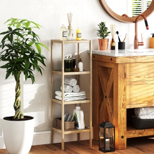 Dulap de Baie Modern cu 4 Rafturi Anti-Răsturnare, Dulap de Baie din Bambus și Lemn, 33x31x110 cm, Lemn Natural - Img 2