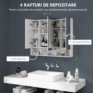 Dulap de Baie Montat pe Perete cu Oglindă și Rafturi Reglabile, Alb - Img 4