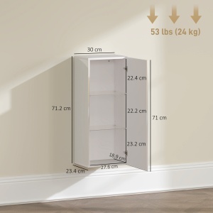 Dulap de Baie Suspendat cu Ușă Fără Mâner, 2 Rafturi Reglabile din Sticlă, Mobilier Suspendat Multifuncțional, 30x23,4x71,2 cm, Alb Lucios - Img 3