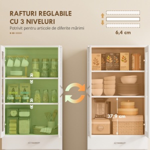 Dulap de Bucătărie Înalt 180 cm cu Uși din Sticlă Soft-Close, Sertar și 2 Dulapuri, Polițe Reglabile, Alb - Img 5