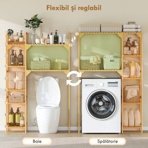Dulap de deasupra Mașinii de Spălat din Bambus cu 7 Rafturi Reversibile, Dulap Compact cu Spațiu Reglabil, pentru Depozitare și Organizare, pentru Baie sau Spălătorie, 100x40x157 cm, Culoare Lemn - Img 5