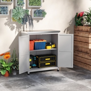 Dulap de grădină cu suprafață de lucru, dulap unelte exterior, lemn masiv și oțel, 79L x 43l x 92Î cm, gri - Img 2