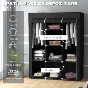 Dulap din Material Textil cu Bază Înălțată, 8 Rafturi și 2 Bare, 125x43x162.5 cm, Gri Închis - Img 4