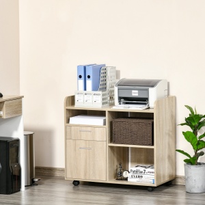 Dulap Imprimantă Birou Multifuncțional 80x40x72 cm, Dulap Joasă cu Sertare, Rafturi, 4 Roți, Culoare Stejar - Img 2