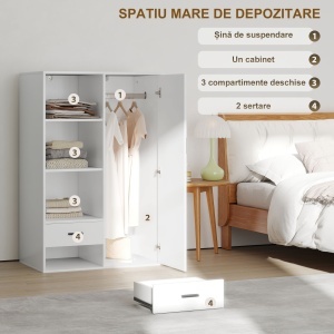 Dulap Modern cu 2 Sertare, Rafturi Deschise și Suport pentru Haine Alb - Img 4