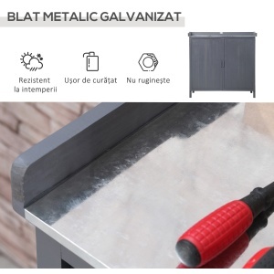Dulap pentru Exterior din Lemn de Brad cu Blat de Lucru din Metal Zincat si 2 Rafturi pentru Scule, 98x48x95.5 cm, Gri - Img 5