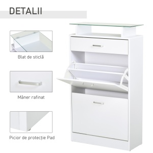Dulap pentru Pantofi cu 2 Uși pe 2 Niveluri, Sertar și Raft din Sticlă, Dulap pentru Pantofi, 60x24x105,5 cm, Alb - Img 7