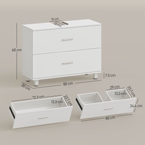 Dulap Sub Lavoar pentru Baie cu 2 Sertare, Dulap Modern și Economisitor de Spațiu pentru Lavoare Fără Piedestal, 80x30x60 cm, Alb - Img 3