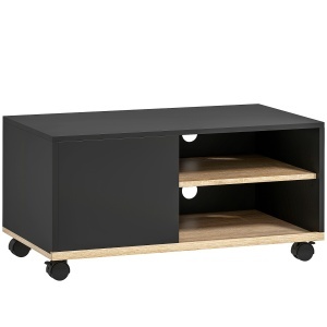 Dulap TV 42" Max cu 2 Rafturi deschise si Usa, din PAL cu Roti, 80x45x39.5 cm, Negru - Img 1