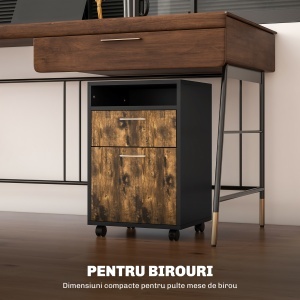 Dulăpior de Birou cu 4 Roți, Raft Deschis și 2 Sertare, Mobilier de Birou din Lemn și Metal, 40x35x60 cm, Maro - Img 5