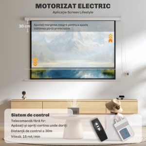 Ecran pentru Proiector 84 Inch cu Telecomandă, din PVC și Metal, 212x8x150 cm, Alb - Img 4