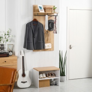 Entryway Organizer with Shoe Bench, Shoe Rack, Hall Tree with 4 Hooks, Coat Rack for Hallway, White and Natural - Img 2