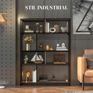 Etajeră Industrială cu 5 Niveluri și 2 Uși Culisante, Raft pentru Cărți din Lemn și Oțel, 120x30x161 cm, Gri - Img 4