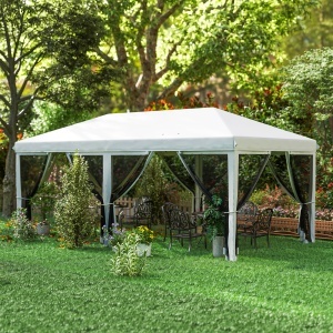 Foisor Pliabil cu 6 Perdele Plasa de Tantari, Foisor de Gradina cu Structura din Otel, 585x295x270cm, Alb Crem - Img 8