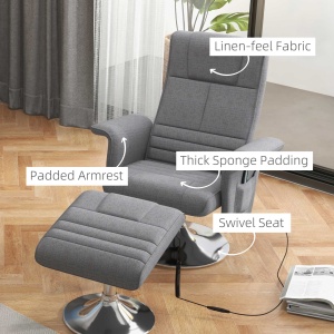 Fotoliu de masaj și reclinabil cu suport pentru picioare, din material textil cu efect de in, 78x90x93 cm, Gri Închis - Img 7