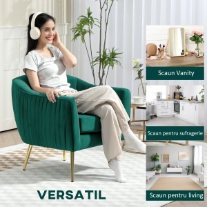 Fotoliu din catifea verde cu picioare metalice aurii, Scaun modern pentru living și dormitor - Img 7