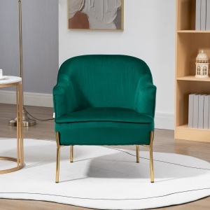 Fotoliu dormitor din material textil cu efect catifea cu picioare din otel auriu, 62x69x75 cm, verde - Img 6