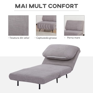 Fotoliu Pat 2 in 1 reglabil pe 3 niveluri cu sezut foarte mare si captuseala din spuma, structura din lemn, otel si efect de catifea gri - Img 6