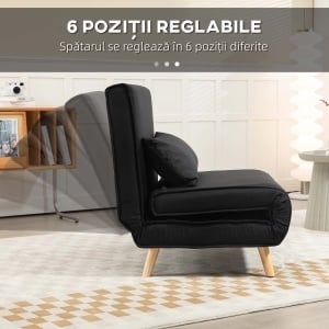 Fotoliu Pat Individual 3 în 1 cu Spătar Reglabil pe 6 Nivele și Pernă, Canapea Pat Pliant, 94x78x80 cm, Negru - Img 7