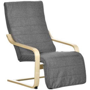 Fotoliu Relax cu Suport picioare pe 5 Niveluri si Tetiera, Fotoliu Ergonomic din Lemn de Mesteacan si Tesut, Gri