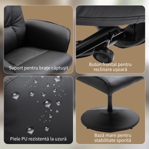 Fotoliu Relaxant cu Suport pentru Picioare, Reclinabil 145° cu Șezut Rotativ, cu 10 Puncte de Masaj, Negru - Img 5