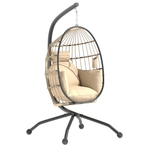 Fotoliu Suspendat Tip Ou cu Lanț Reglabil, 2 Perne Detașabile și Suport pentru Pahare, Scaun Balansoar Pliabil pentru Grădină, Bază în X din Oțel, pentru Interior și Exterior, 120x88x192 cm, Bej - Img 1