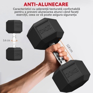Gantera hexagonala de 20kg din otel si cauciuc pentru antrenament in sala de sport, acasa si la birou, negru - Img 5